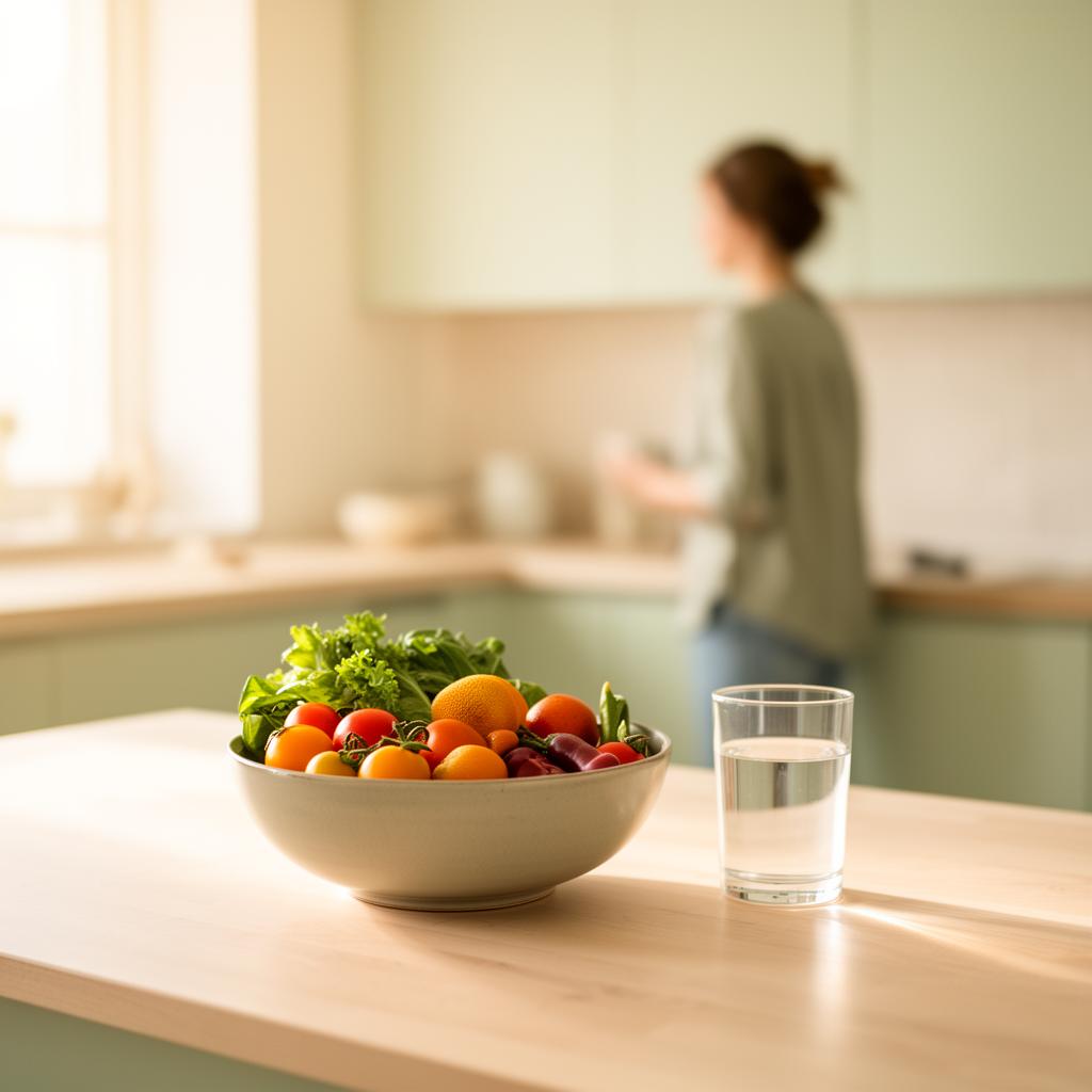 A calm, bright kitchen with fresh vegetables and a glass of water