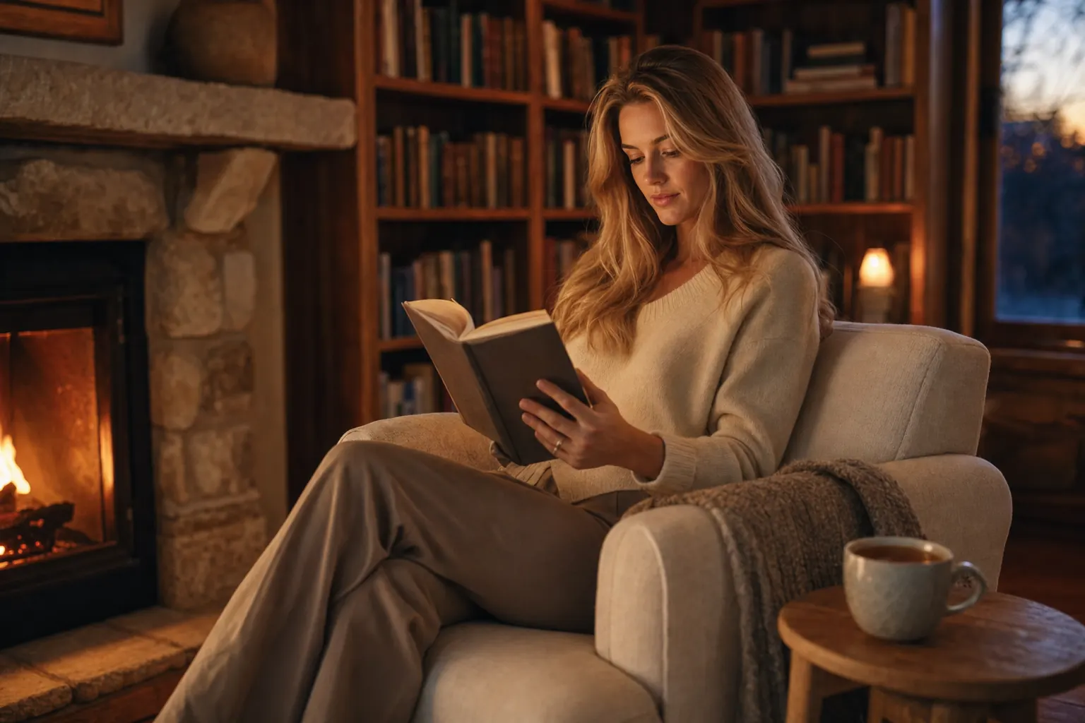A woman reading by a fireplace in a cozy home library